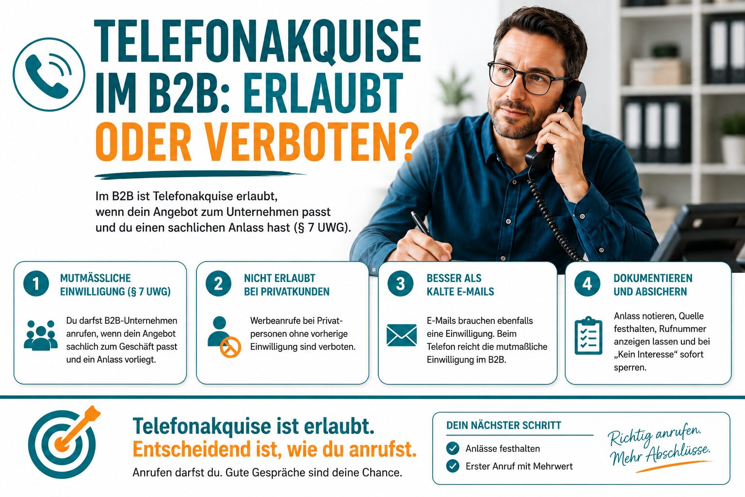 Berater telefoniert freundlich mit einem Kunden. Die Grafik zeigt, dass nicht das Telefon, sondern Unsicherheit erfolgreiche Verkaufsgespräche verhindert.